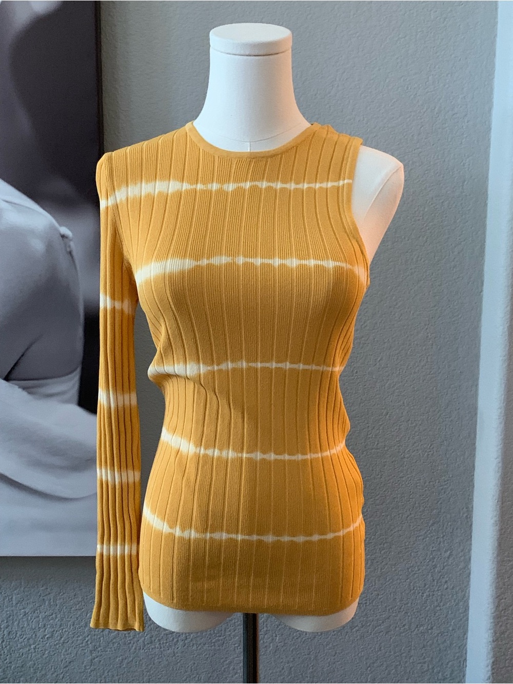Sandro Bali One-Sleeve Striped Ribbed Knit Top Sweater Mustard Yellow 2 / US M